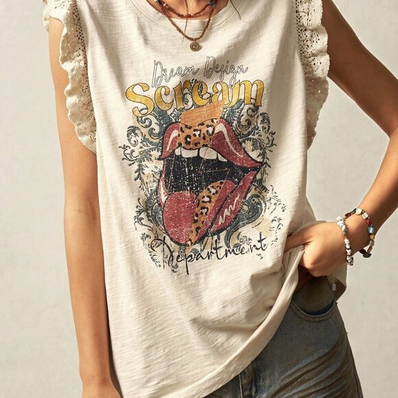 White Casual Women's Boho Knit Crew Neck Sleeveless Loose Fit Tank Top - Picture 3 of 7